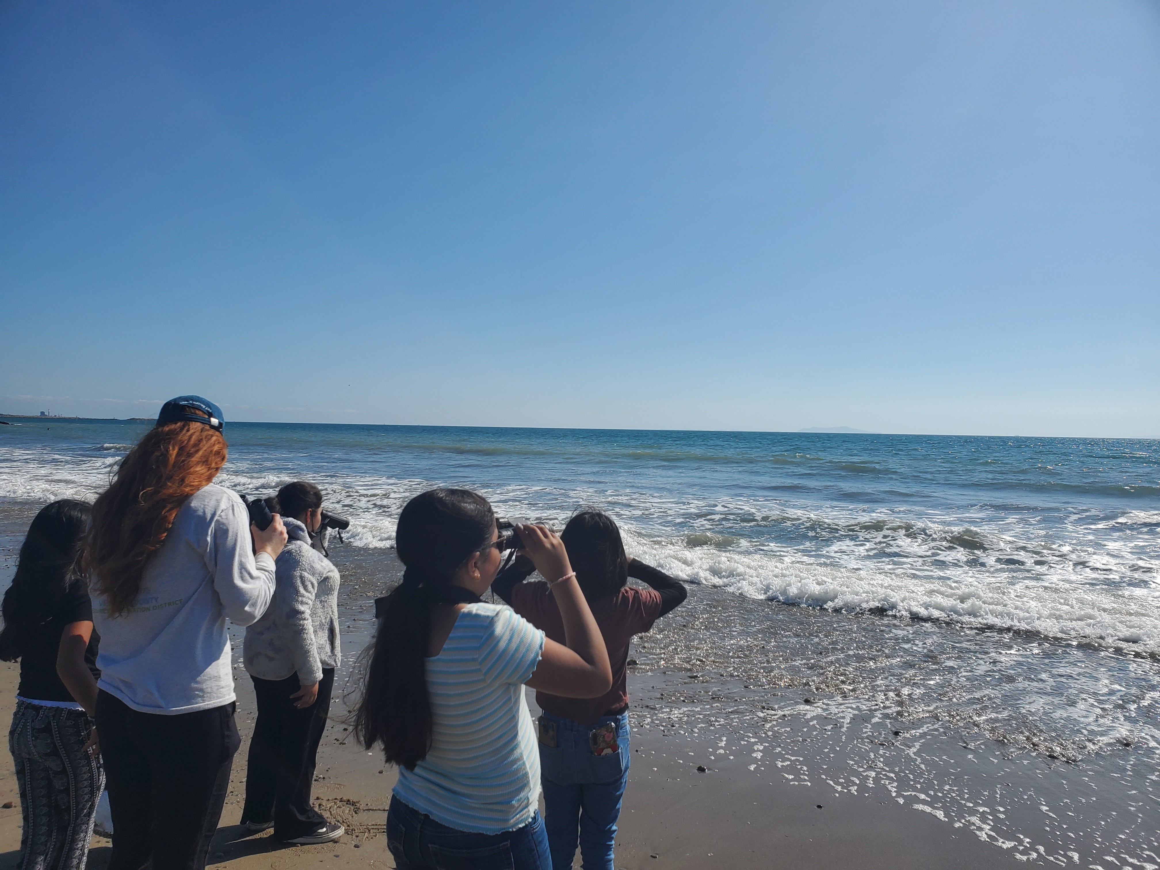 students using binoculars to look at the beach
